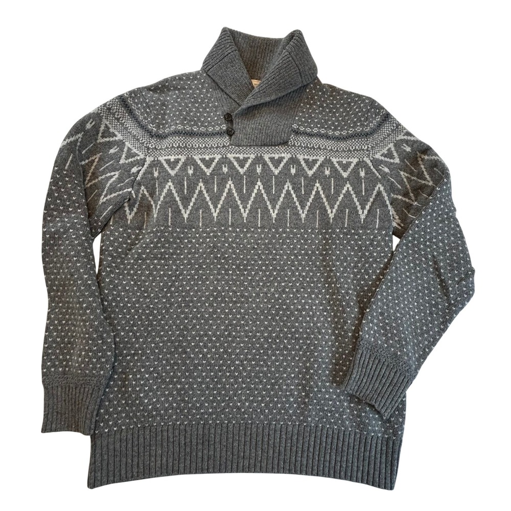 Gap Men Shawl Collar Fair Isle Sweater Tall XL Lambswool Blend Gray Grandpa Core